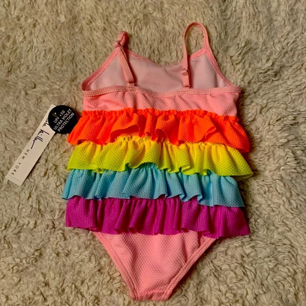 Nicole Miller size 18 months little girl one piece neon ruffle layer Bathingsuit